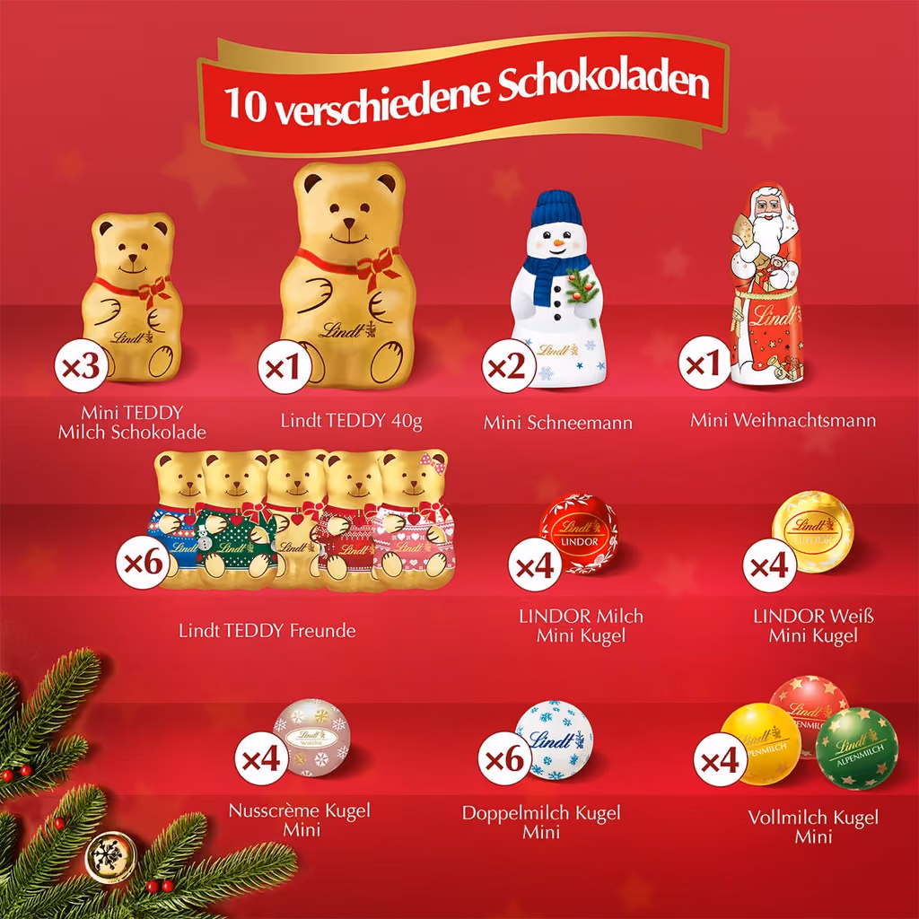 Lindt's count card for the TEDDY Wimmelbild calendar: ten kinds of chocolate with how many of each are behind the doors