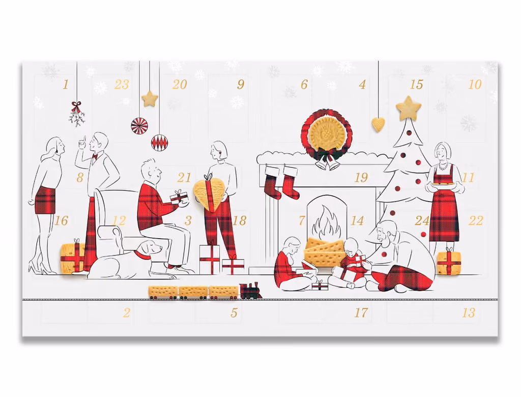 The inside panel of the Walker's 2026 calendar, the family fireside scene with the 24 numbered doors drawn into it
