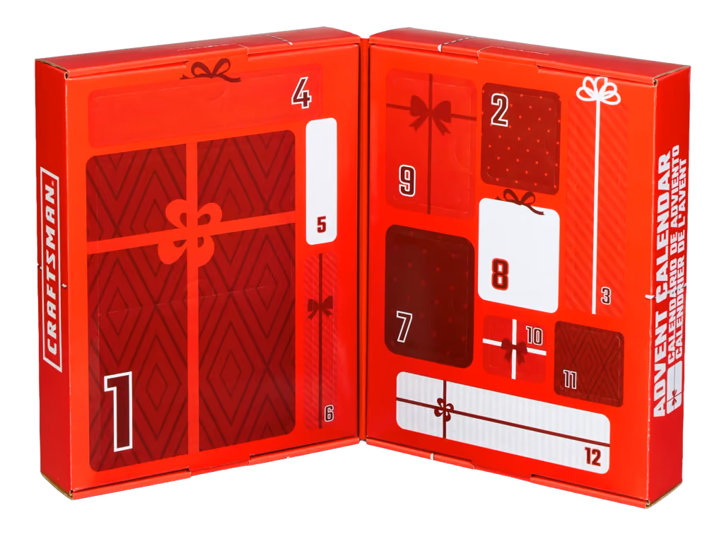 The 12 Days of CRAFTSMAN calendar open, showing the numbered compartments in the VERSASTACK case