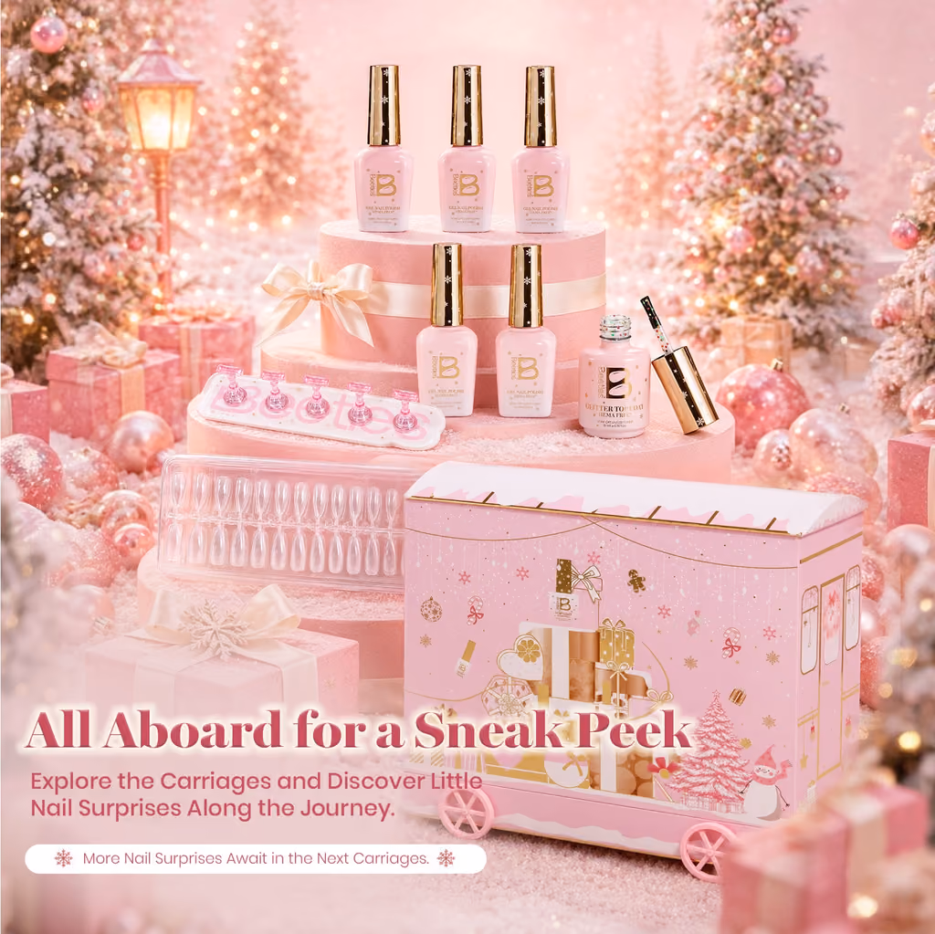 A carriage beside a stack of gel bottles, cuticle separators and a tray of nail tips