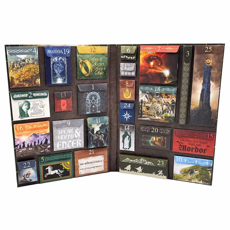 The calendar open, 25 numbered pockets printed with scenes and quotes from the films