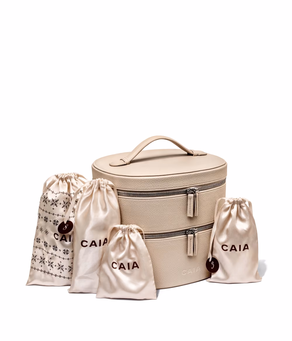 The CAIA 2026 two-tier beauty case with four of its numbered drawstring pouches