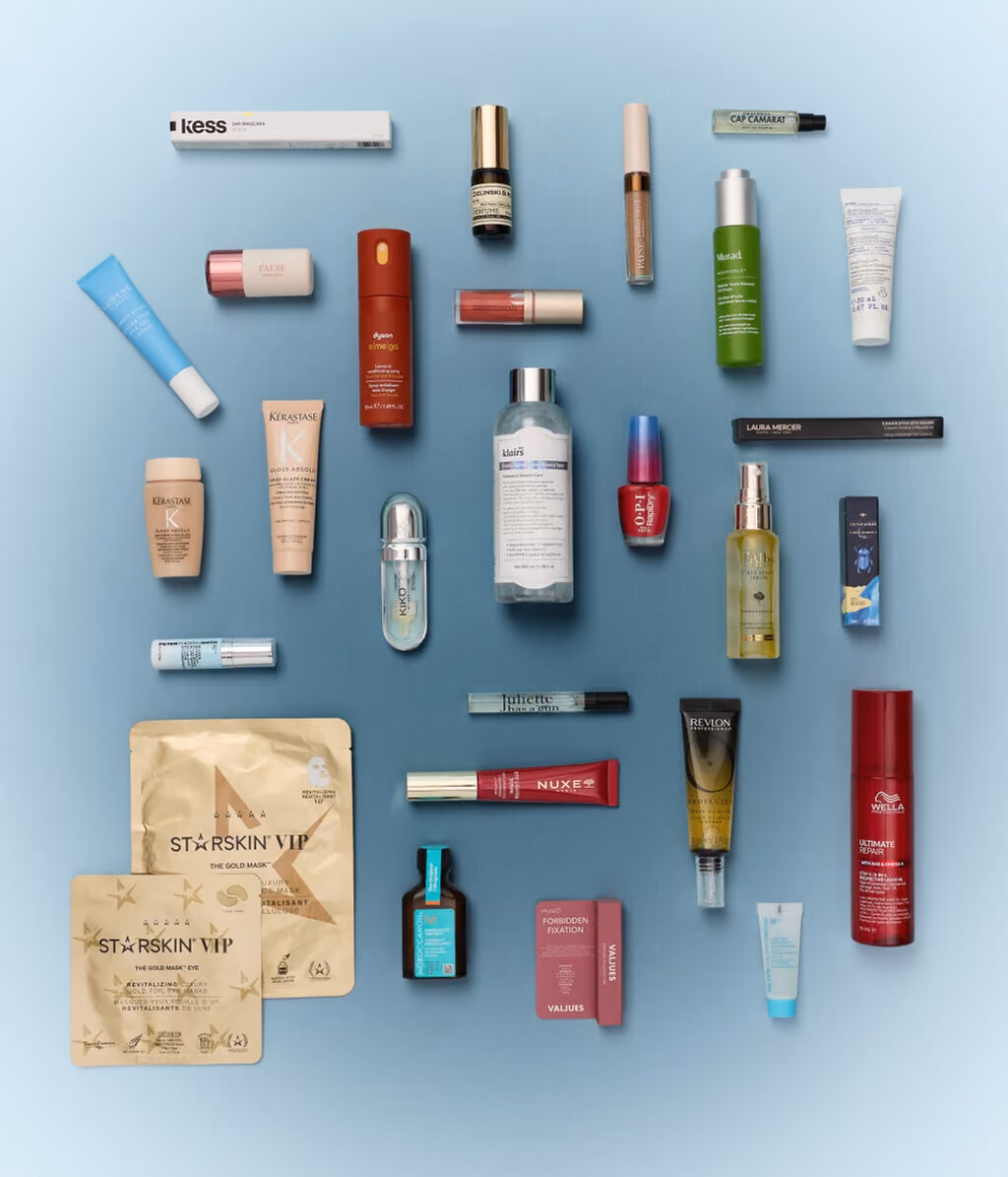 All 28 products from the flaconi 24 Love Brands 2026 calendar laid out flat