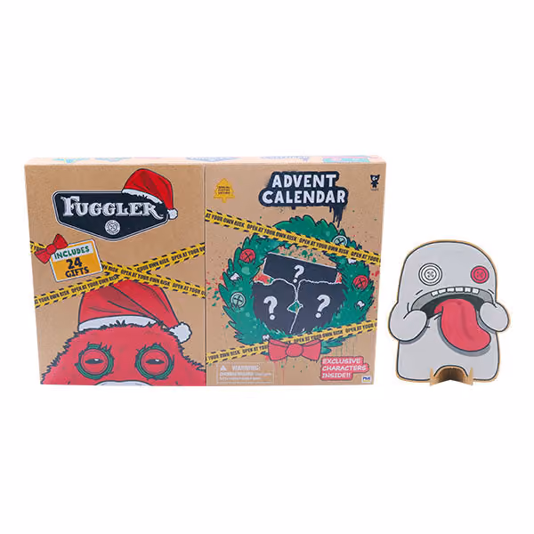 The closed box with a flocked Fuggler figure standing beside it