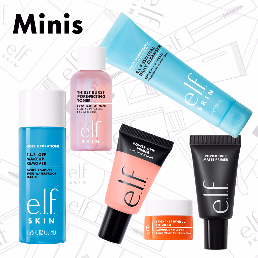 The six minis: makeup remover, toner, cleanser, two primers and an eye cream