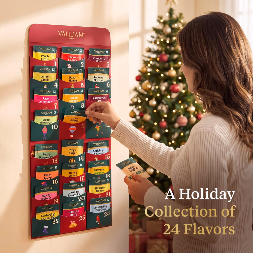 The Vahdam Teas of Joy calendar unfolded on a wall with its 24 pockets