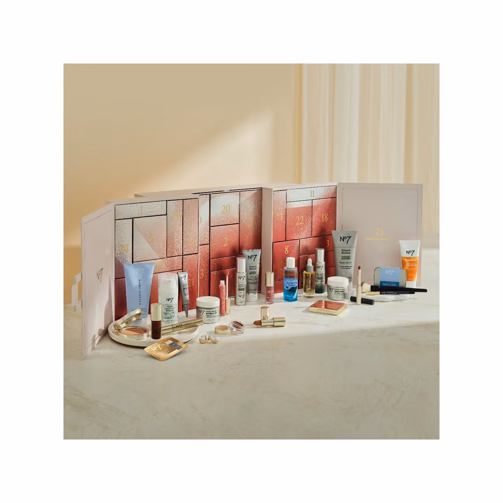 The calendar open on a table with the products in front