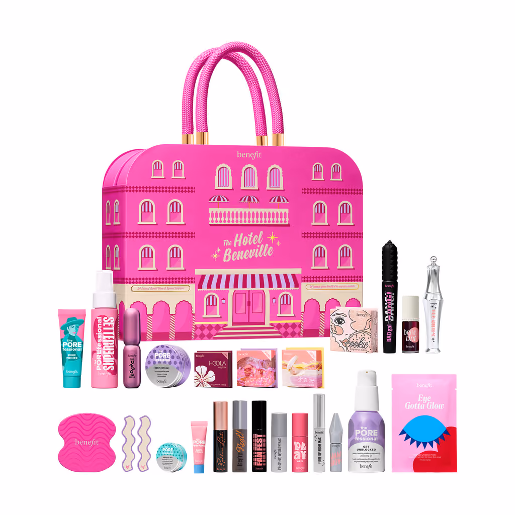 The Hotel Beneville case with the 24 products laid out in front of it