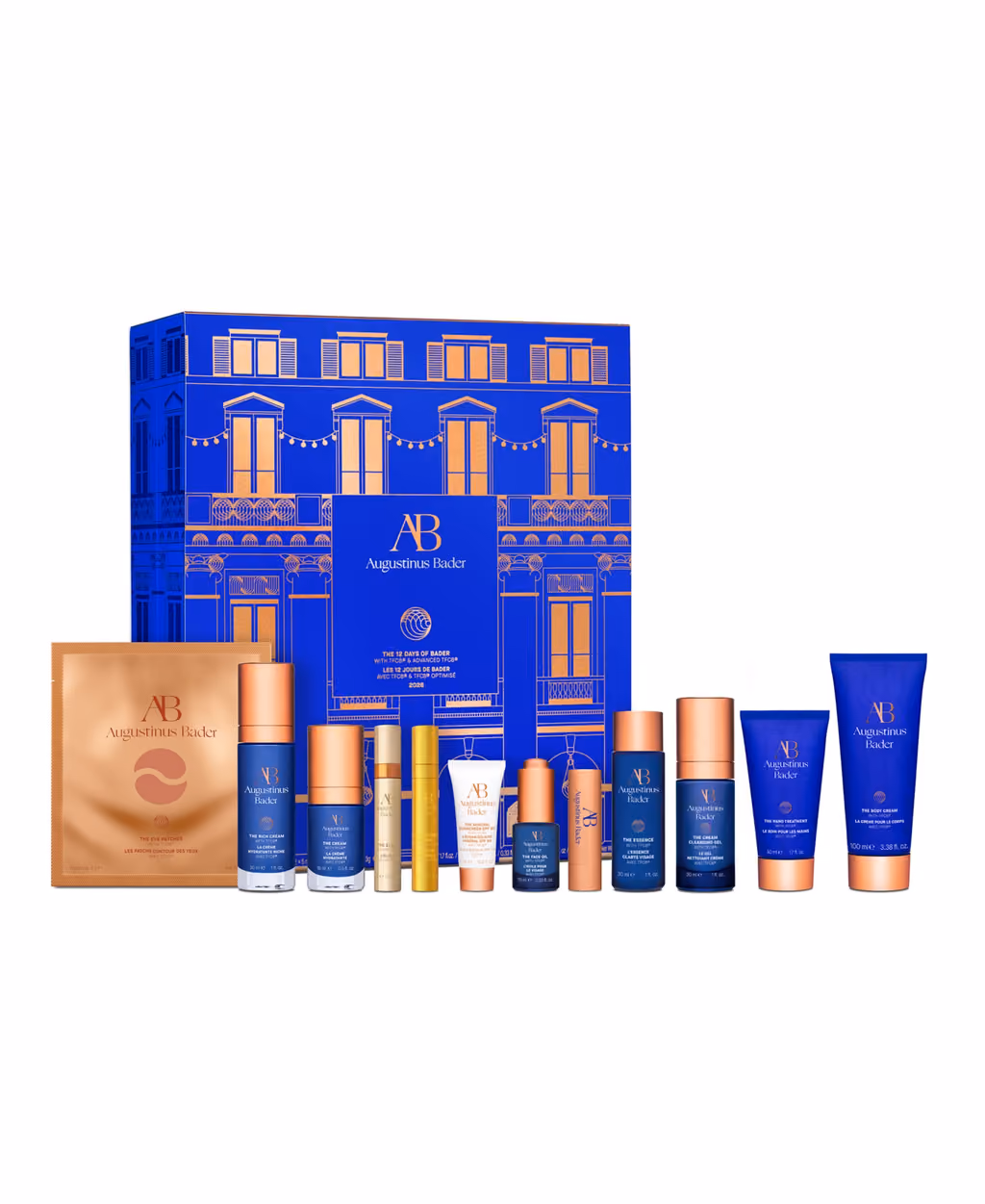 The townhouse box open with the twelve products in front of it