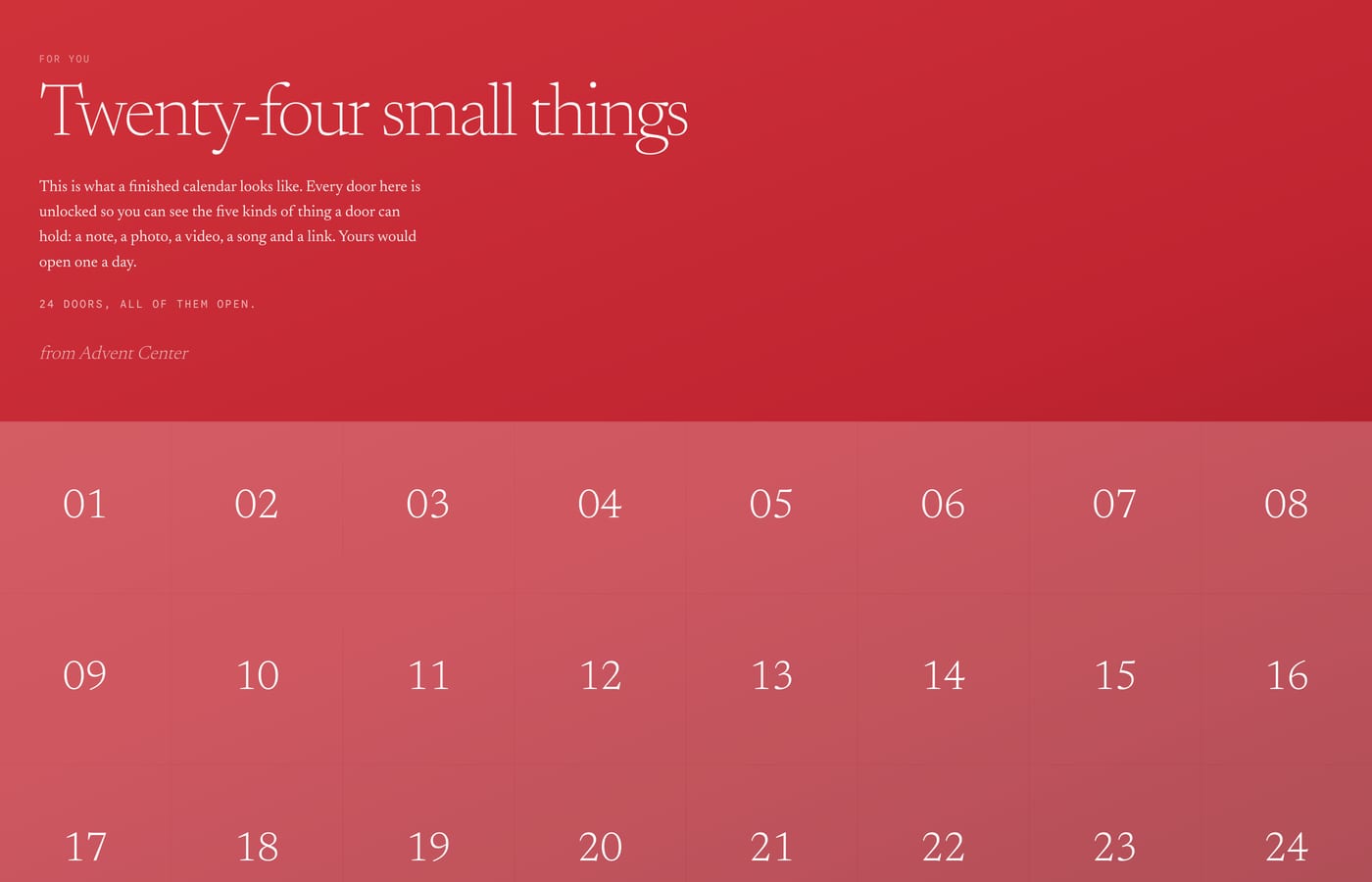 The example calendar as a recipient sees it: a crimson cover with the title, a message and twenty-four numbered doors